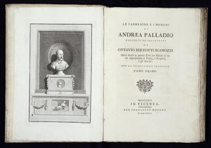 Titelpagina van Le Fabbriche e i Disegni di Andrea Palladio met een portret van de architect, gegraveerd door Simon Francis Ravenet (1737-1821) gepubliceerd 1776